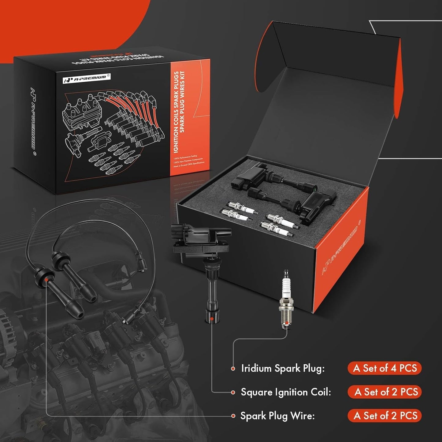 A-Premium 2 Ignition Coils with 2 Wire and 4 Iridium Spark Plugs Compatible with Mazda Protege 2001-2003, Protege5 2002-2003, 2.0L