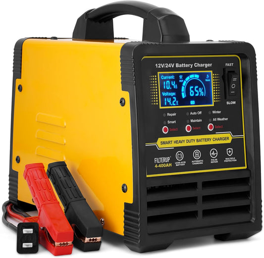 12V 24V Heavy Duty Battery Charger, 0-15A Lead-Acid Smart Automatic Battery Maintainer, Trickle Charger with Repair, Auto Off, Winter Summer Mode, for Car Truck Boat Motorcycle RV Lawn Mower (Yellow)