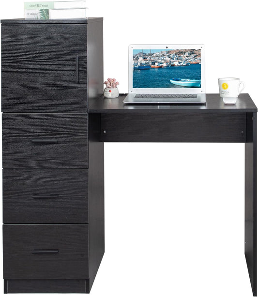 YUNWANG Computer Desk with 4 Drawers and Shelves, Gaming Desk with Power Outlets, Office Work Study Laptop Desk for Home Office Small Spaces
