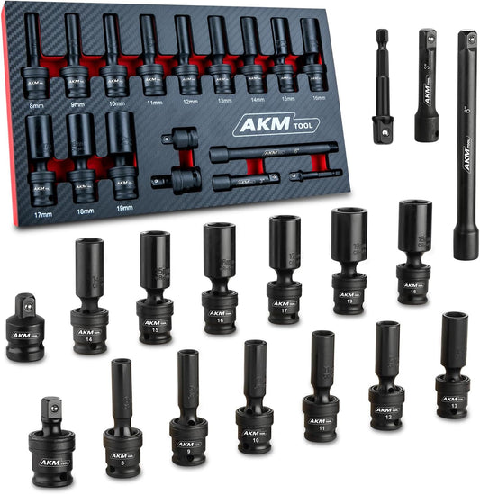3/8" Drive Universal Impact Socket Set, 17 Piece Swivel Socket Set, Universal Joint Wobble Socket 6-Point, Metric, 8-19mm, Cr-Mo, with Extension Bars, Socket Adapter, Drill Bit Adapter