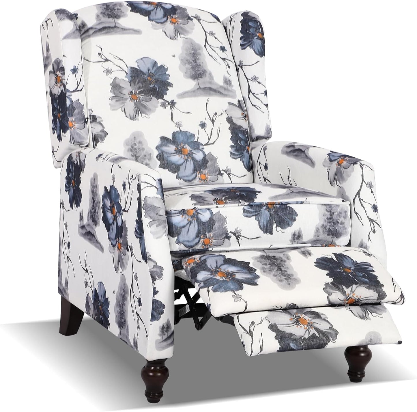 Set of 2 Wingback Recliner Chairs, Mid-Century Modern Push-Back Manual Recliners for Adults, Upholstered Floral Accent Chairs with Solid Wood Legs for Living Room & Bedroom, Blue