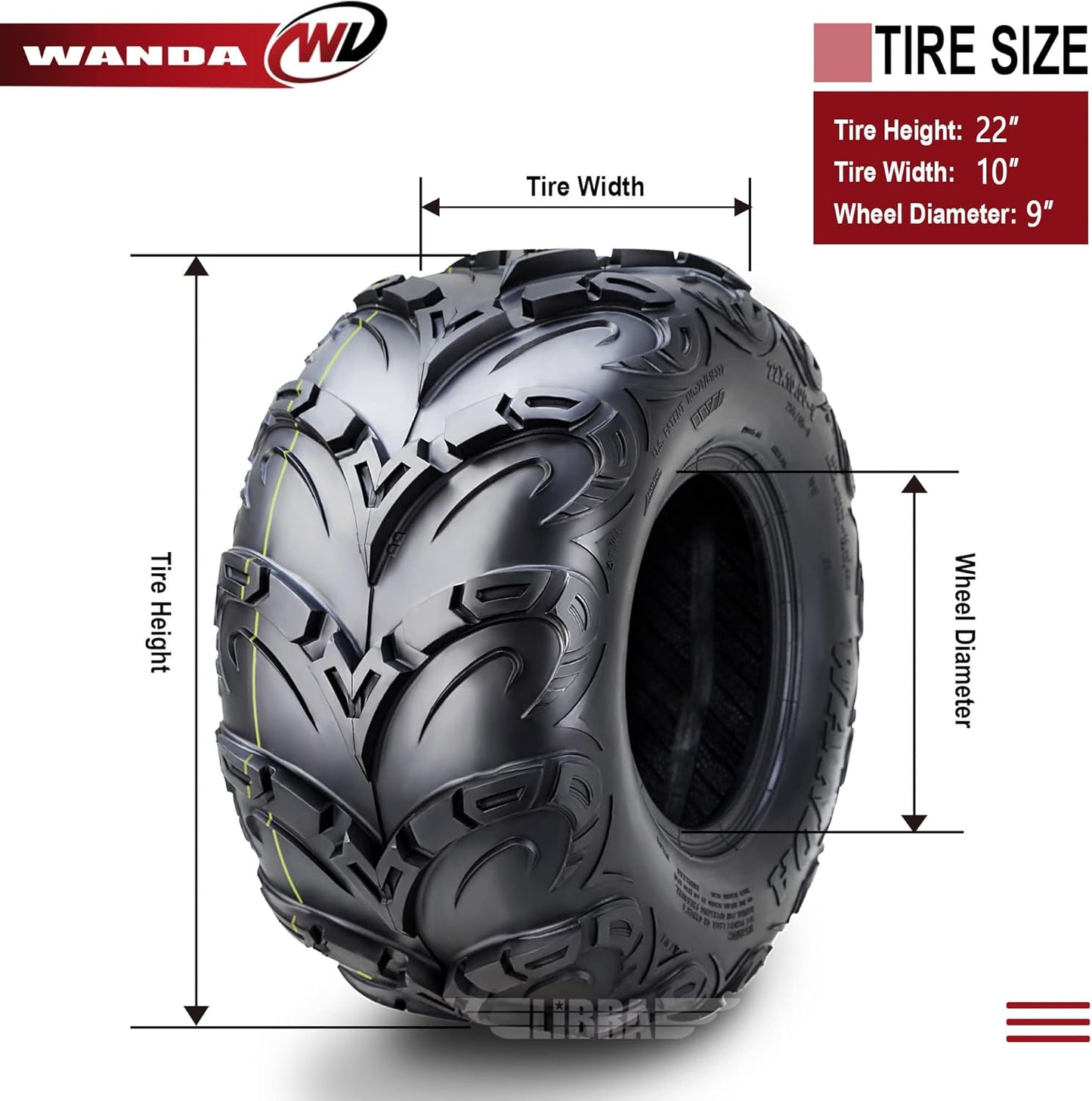 WANDA Performance 8 Ply ATV Tires 22x10-9 Mud Sling fit Honda Recon Suzuki Ozark 250, Set 2