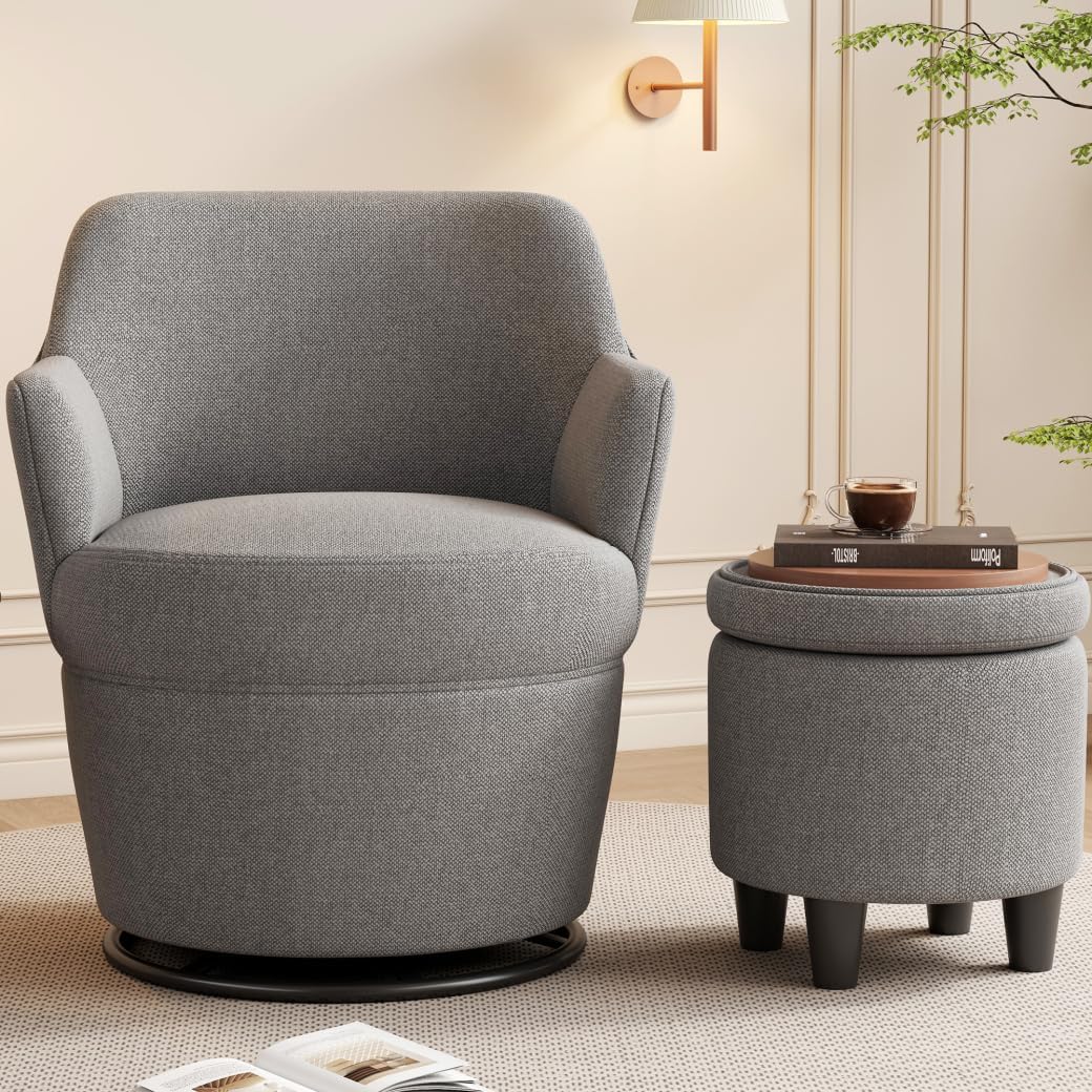 360° Swivel Accent Chair with Ottoman, Lounge Sofa with Nail Trim, Living Room Chairs, Bedroom Chair, Vanity Chair, Swivel Barrel Chair, Gray