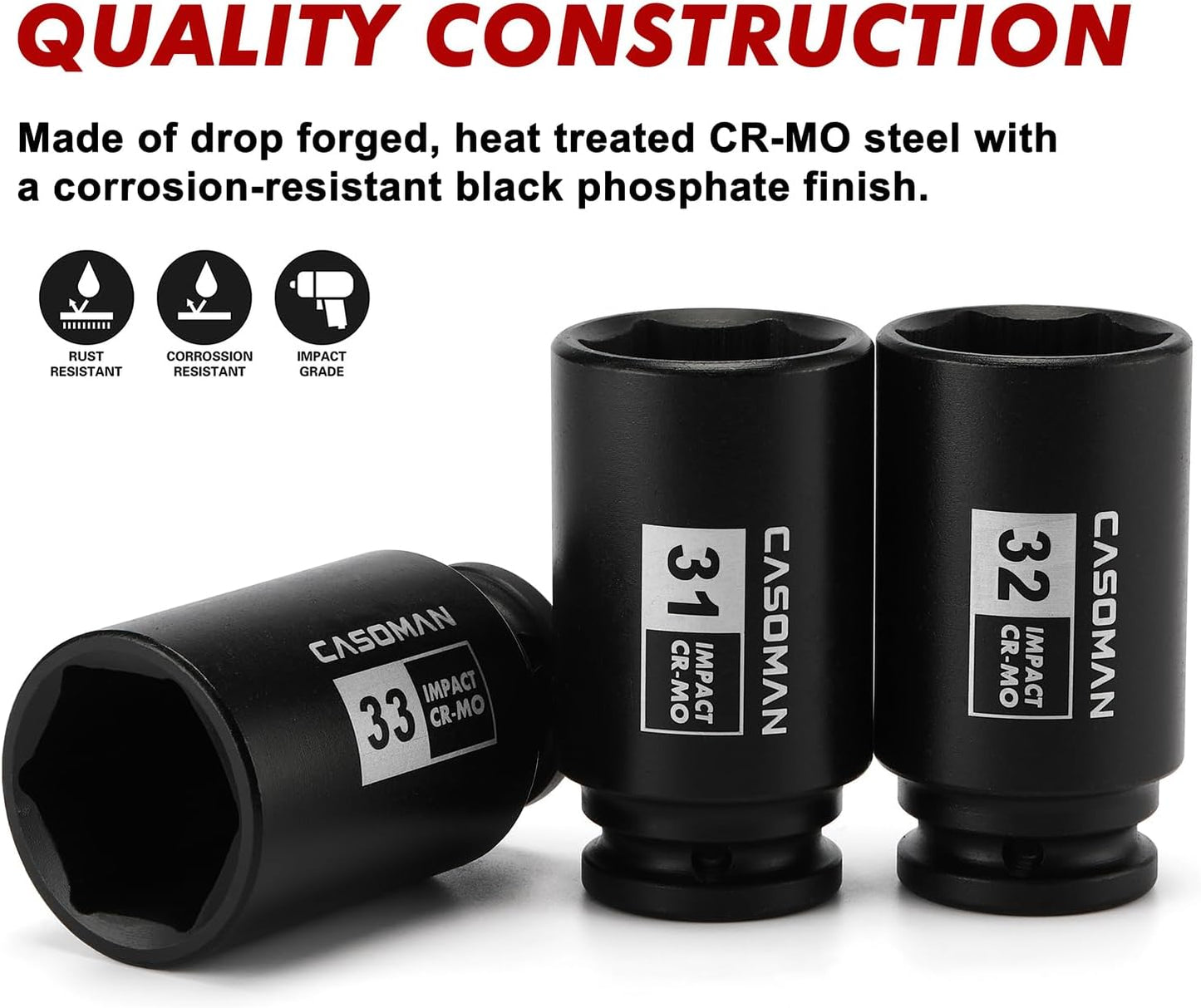CASOMAN large socket set 1/2- Inch Drive Deep Spindle Axle Nut Impact Socket Set, 6 Point, CR-MO, Metric, 29mm-38mm, 9-Piece 1/2" Dr. Deep Impact Socket Set