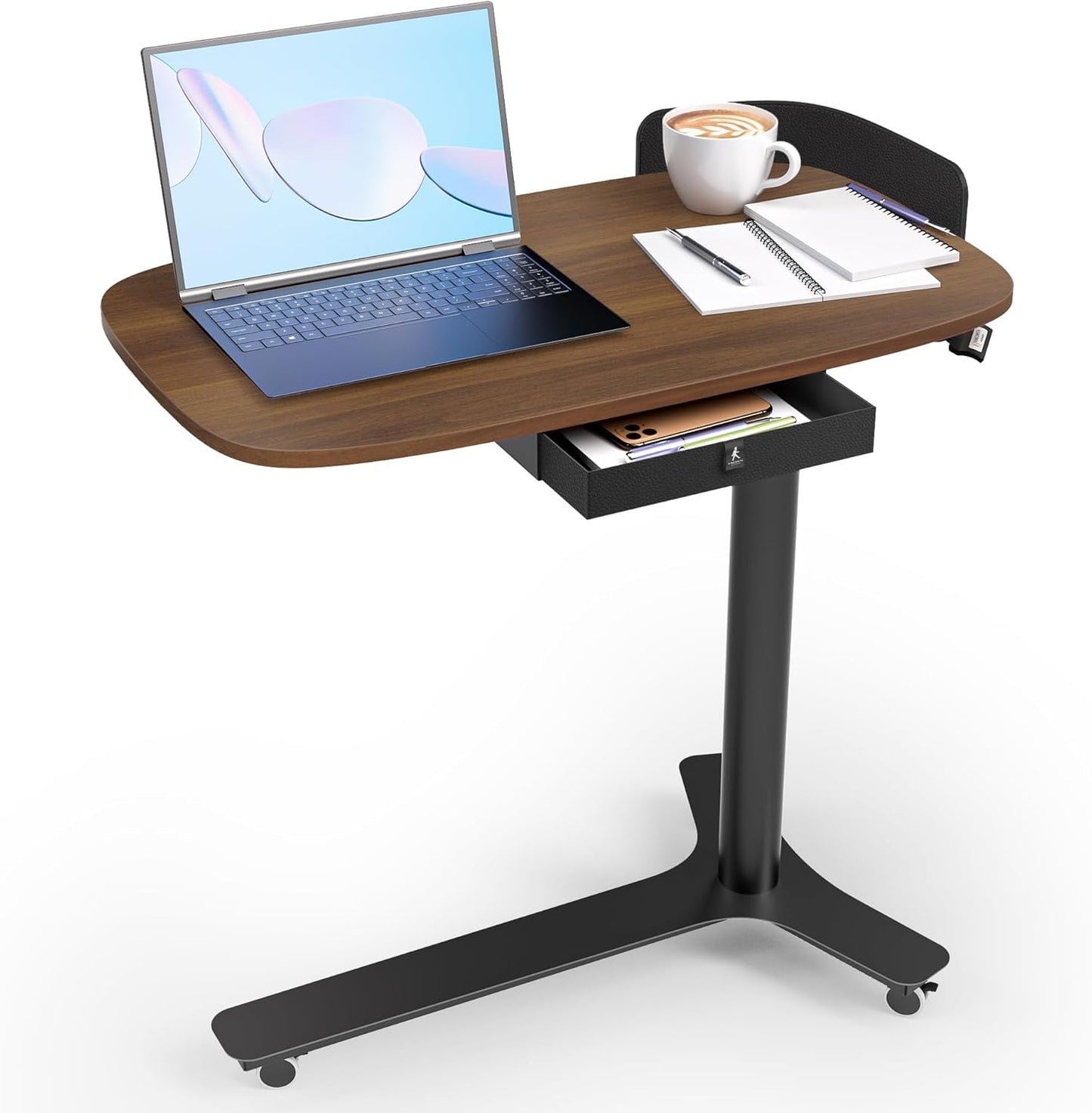 Rolling Desk Adjustable Height with Drawer and Wheels, Portable Small Standing Desk Pneumatic for Home Office, Mobile Computer Laptop Desk Cart, Medical Sofa Overbed Table, Oak