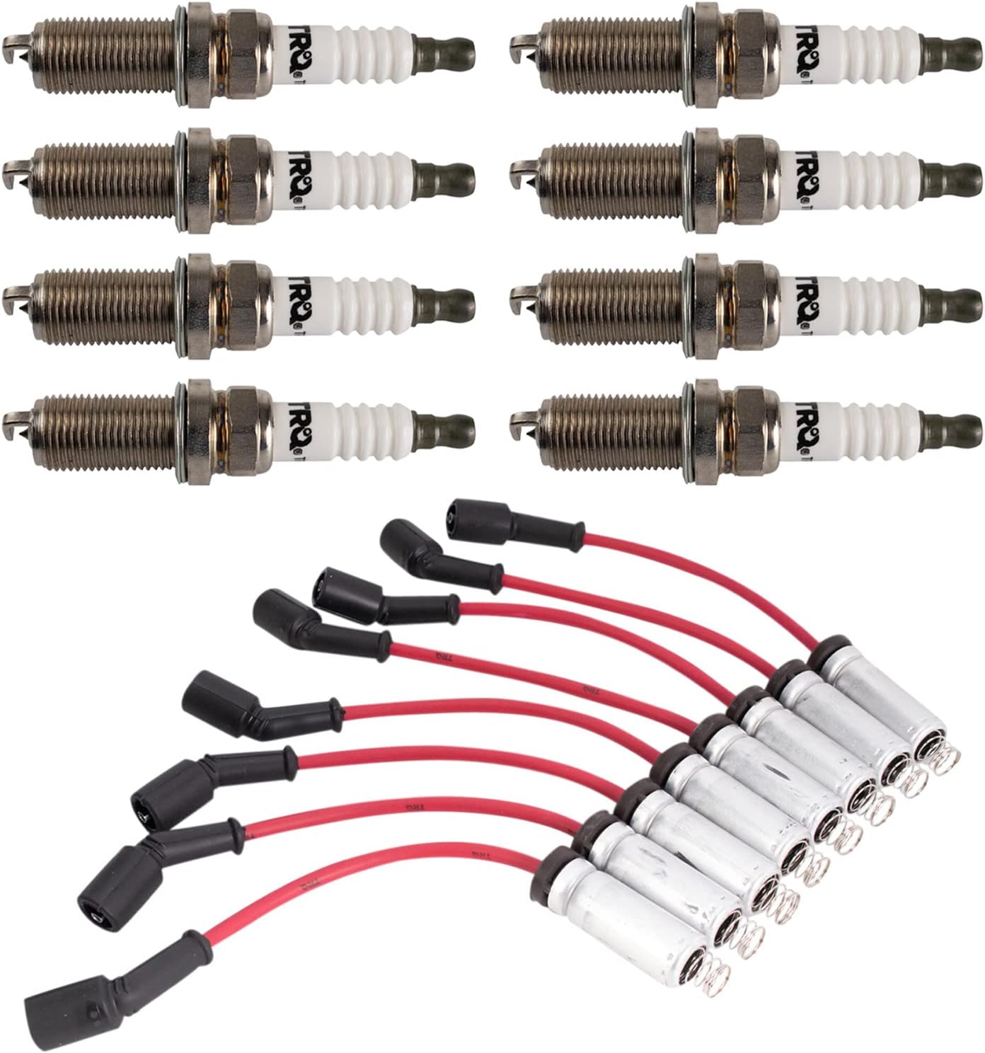 TRQ Performance Ignition Kit Spark Plugs Wire Set Red Compatible with 02-06 Cadillac 97-07 Chevrolet 99-07 GMC 03-07 Hummer 99-02 Pontiac