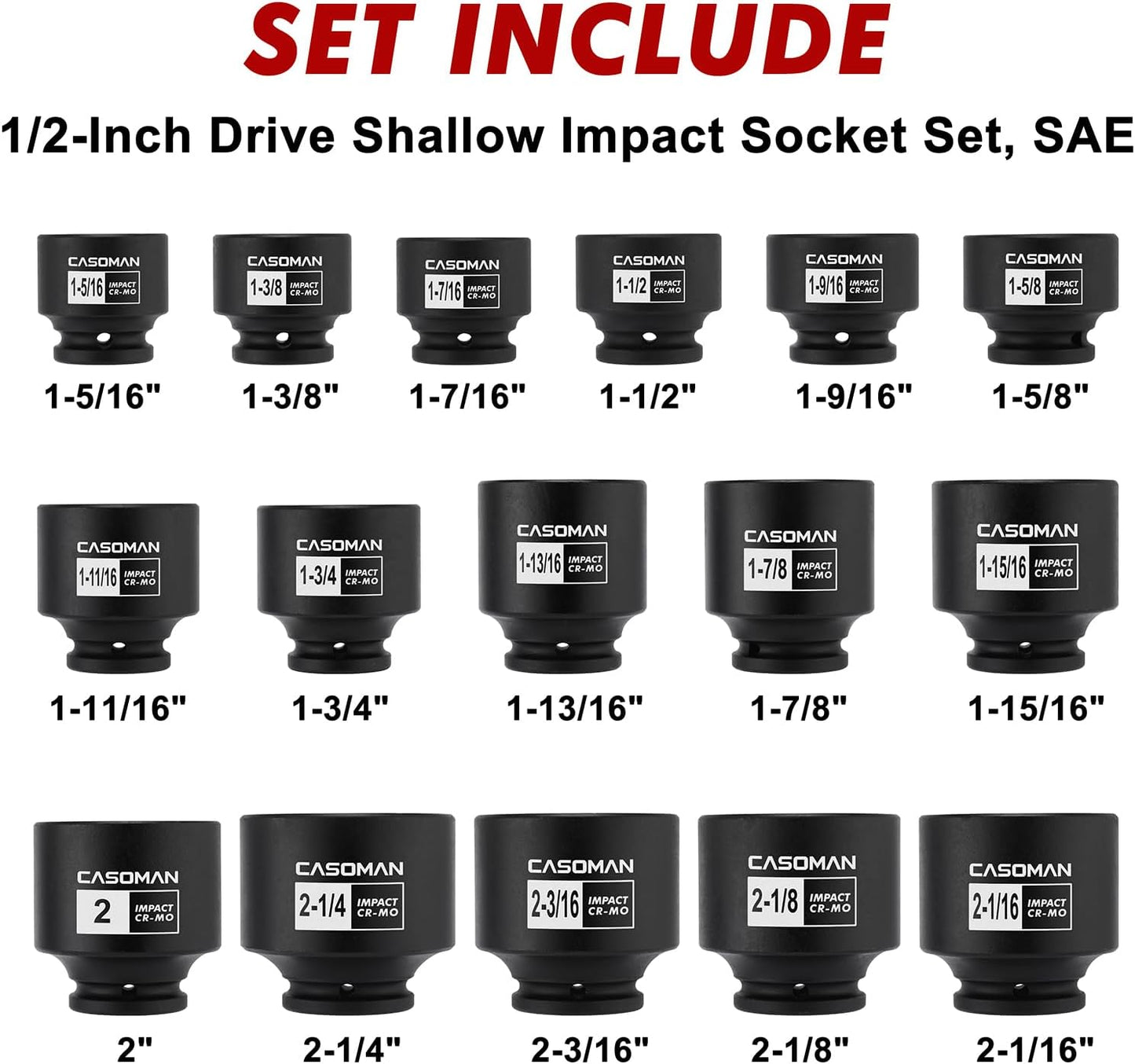 CASOMAN 16PCS 1/2" Drive Shallow Spindle Axle Nut Impact Socket Set, 6-Point, Large Socket Set, SAE(1-5/16" to 2-1/4"), CR-MO