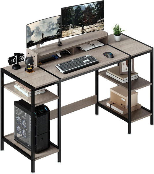 55 inch Grey Computer Desk Gaming Desk with Monitor Stand, Home Office Desk for 2 Monitors, Writing Desk with Adjustable Storage Space,Sturdy and Durable Modern Small Desk