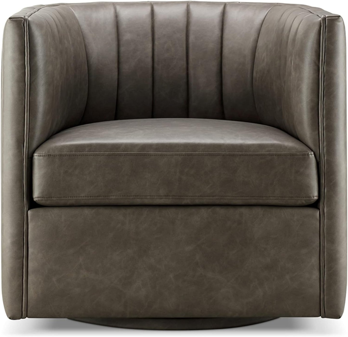 CHERS Rivet Mid-Century Modern Swivel Armchair, Channel-Tufted Faux Leather Accent Chair, 360-Degree Rotating Lounge Chair with Ergonomic Design for Living Room, Bedroom, Home Theater, Pewter