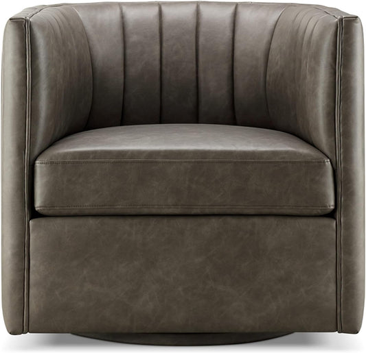 CHERS Rivet Mid-Century Modern Swivel Armchair, Channel-Tufted Faux Leather Accent Chair, 360-Degree Rotating Lounge Chair with Ergonomic Design for Living Room, Bedroom, Home Theater, Pewter