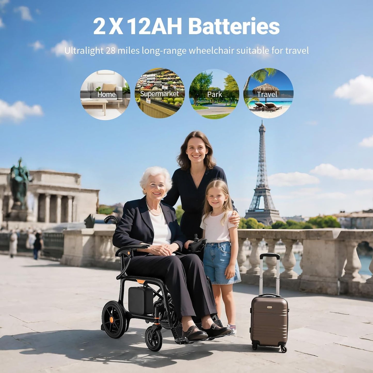 28lbs Ultralight Foldable 100% Carbon Fiber Electric Wheelchairs for Adults, FreeWink Bluetooth Control 28 Miles Long Range Power Wheelchairs with 2 Lithium Batteries for All Terrain Airline Approved