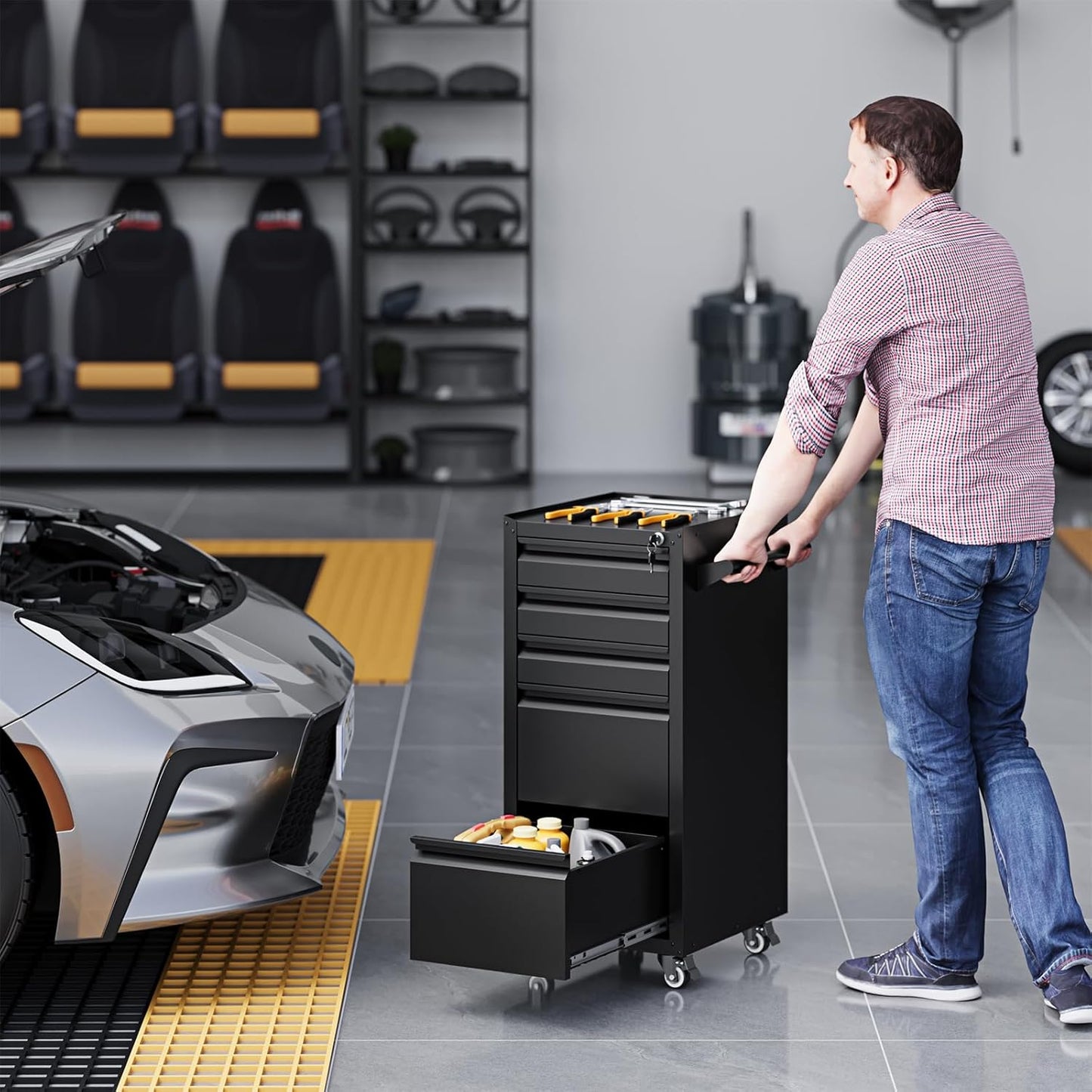 Yizosh 5-Drawer Metal Tool Storage Cabinet with Wheels,Rolling Tool Chest with Drawer and Locking Keys,Heavy Duty Tool Storage Organizer for Garage,Warehouse,Workshop