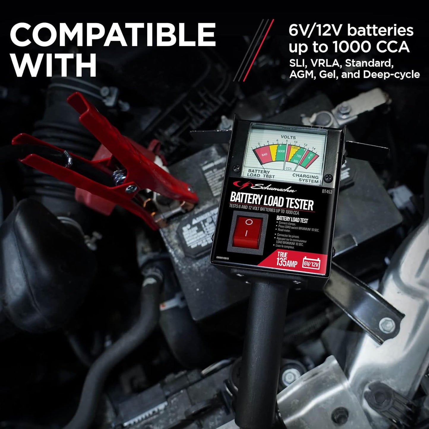 Schumacher Electric Battery, Charging, and Starting System Tester, BT453, 135 Amps, for Use with Motorcycle, ATV, Boat, Car, SUV, Truck, RV, and Classic Car Batteries