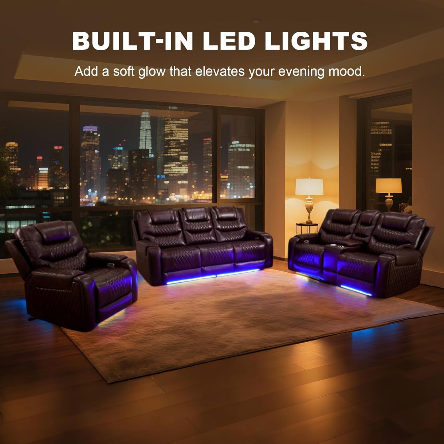 COMHOMA Power Living Room Furniture Sets,Electric Recliner Chair with LED Light,Sectional Sofa Loveseat with Wireless Charging,Spacious Storage, Cup Holeders,1