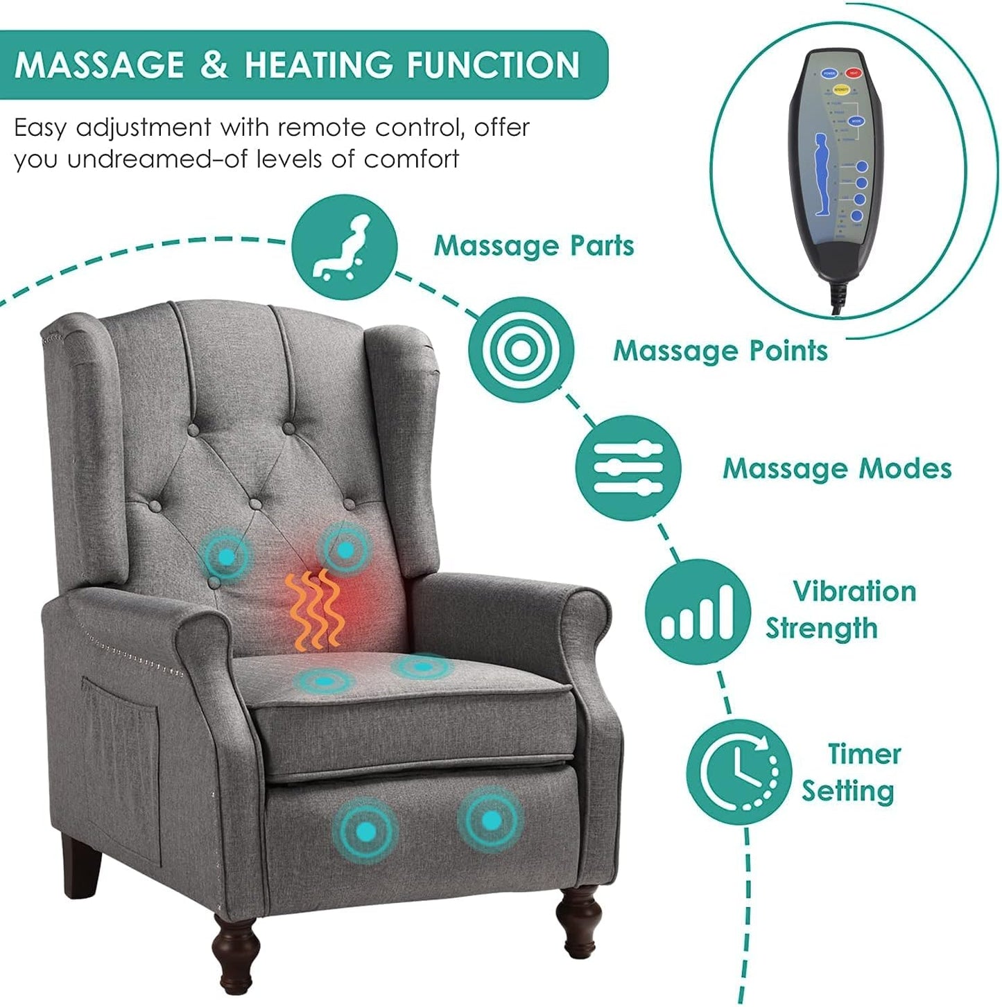 SAMERY Wingback Recliner Chair with Massage and Heat, Accent Chair Push Back Recliner Tufted Arm Chair for Living Room Bedroom, Reading Lounge Sofa Seat with Remote Control, Adjustable Backrest