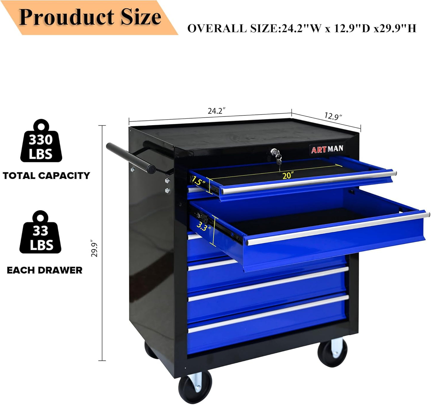 7-Drawer Metal Rolling Tool Chest with Wheels,Tool Storage Cabinet with Locking System,Multifunctional Tool Cart with Wheels for Garage, Warehouse, Workshop, Repair Shop (Black+Blue)