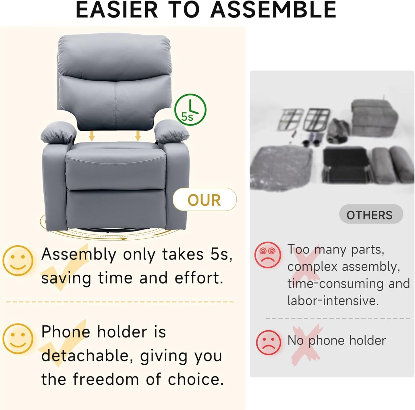 Swivel Rocker Recliner Chairs, Manual Rocking Recliner Chair for Adults, Small Recliners for Small Spaces, Single Sofa Recliner for Living Room, Nursery - Light Grey