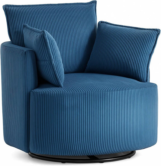 Swivel Accent Chair – Round Swivel Chair for Living Room, Corduroy Barrel Sofa Chair, 360° Rotating Lounge Chair, Easy Assembly(Blue)