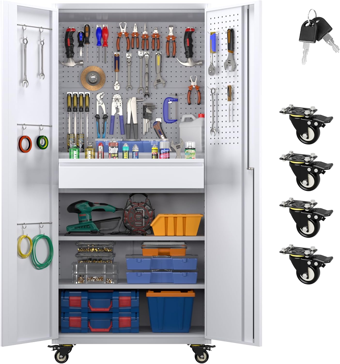 71" H Broom Storage Cabinet with Wheels and Doors,Rolling Tool Cabinet with Pegboard,Shelves and Rod for Garage Warehouse Home,Required Assembly,Black