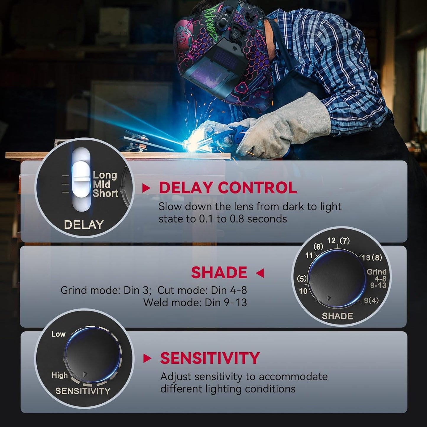ARCCAPTAIN Flip Up Design Welding Helmet, Large Viewing 3.94" x 2.56" Auto Darkening Welding Hood, Ture Color Solar Powered Welding Mask, 4 Arc Sensor with Adjustable Shade 3/4-8/9-13, Cyberpunk