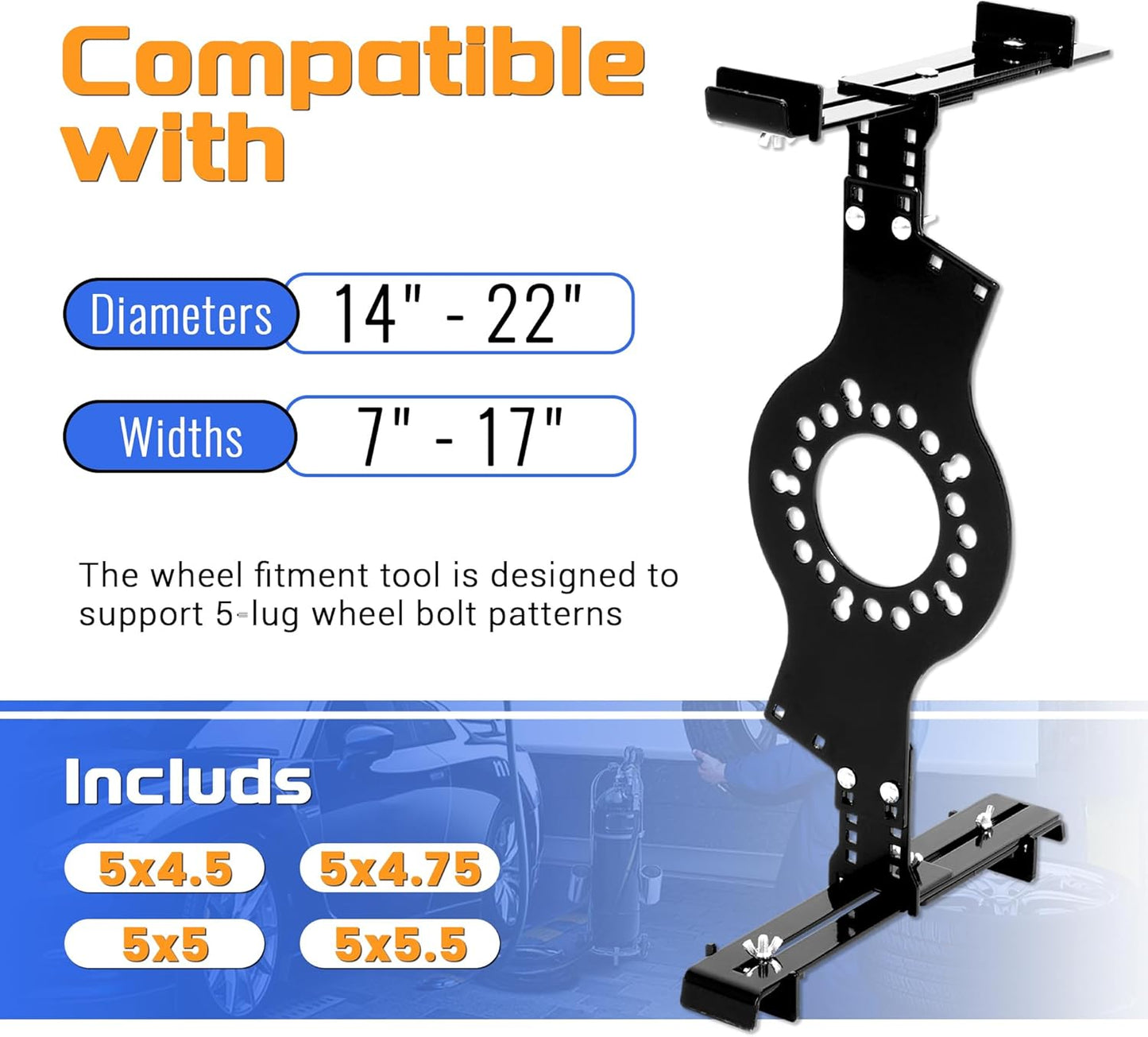 Wheel Fitment Tool Simulator Tire/Rim Size Measuring Mockup Tool Fit 14 to 22" Wheel Diameters and 7 to 17" Wheel Widths, 5-Lug Wheel Bolt Pattern Steel Powder Coated