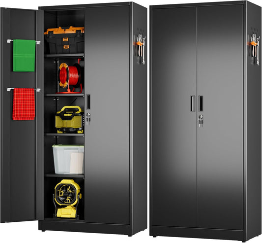 Aobabo Black Metal Cleaning Tool Storage Cabinet with Lockable Door with Keys, 71.41" H×31.53" W×15.74" D, Adjustable Shelves, Pegboard, 13 Hooks, Broom Closet Storage Cabinet for Janitorial Supplies