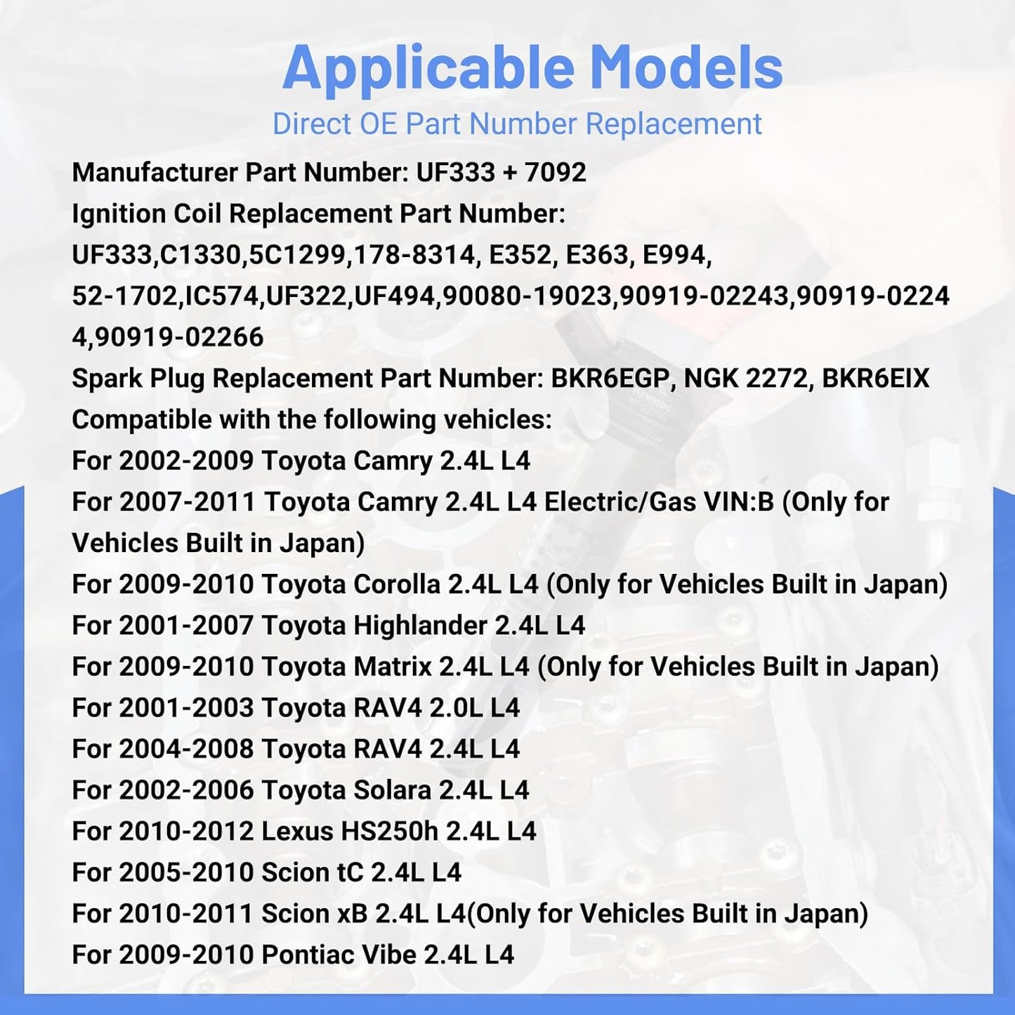 UF333 Ignition Coil Packs, 7092 Double Iridium Spark Plug Compatible with 2001-2012 Toyota Corolla Solara Matrix Highlander Lexus Scion xB TC Set of 4