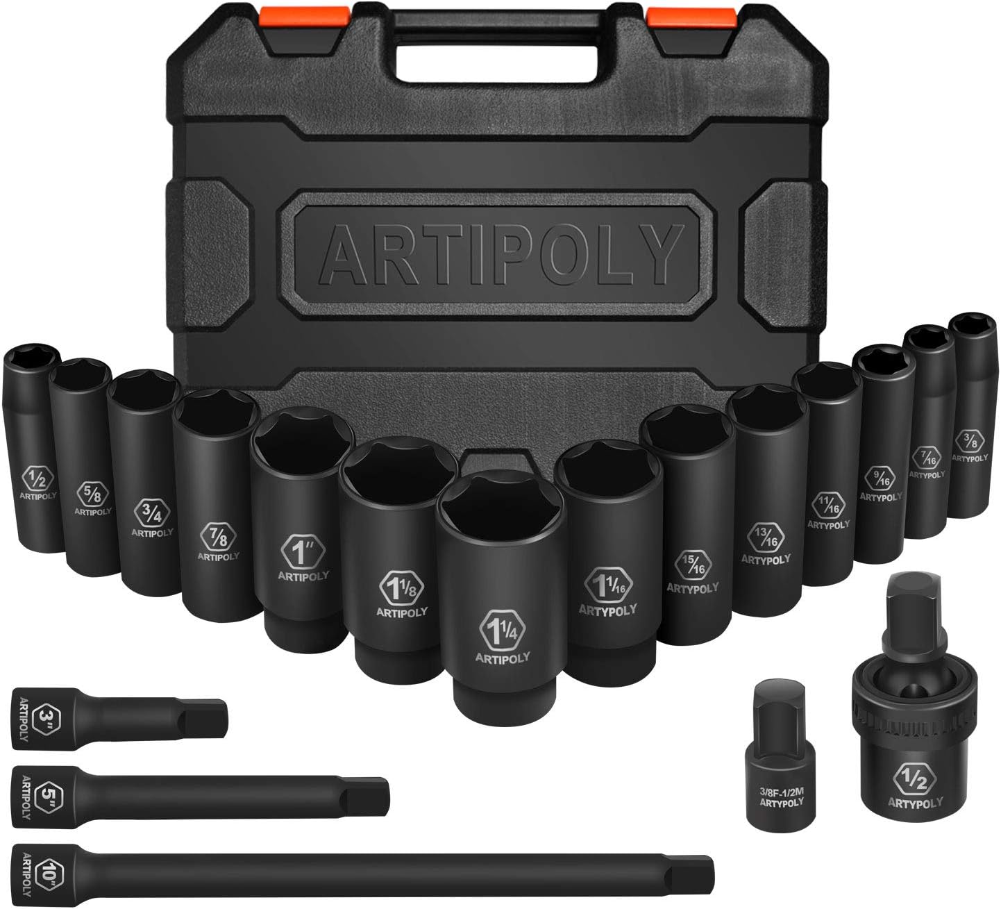 20 Pieces 1/2" Drive Metric Deep Impact Socket Set,10mm-24mm no skip, Includes Extension Bars, Universal Joint and Adapter, 6 Point Design, Meets ANSI Standards