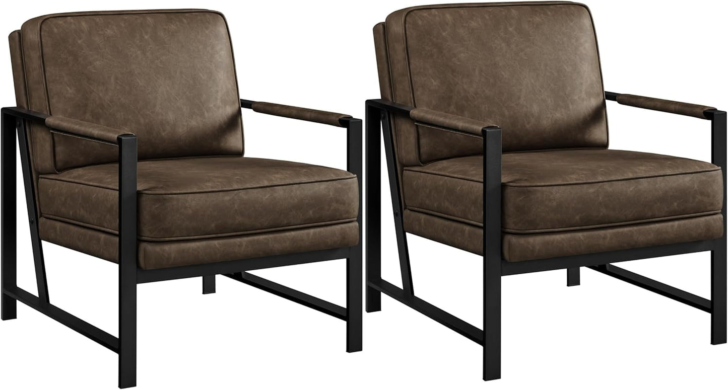 Yaheetech PU Leather Armchairs, Retro Leisure Accent Chair with Extra Soft Padded and Cushion, 105 Degree Slant Back, Modern Reading Arm Chair for Living Room/Office/Bedroom/Study, 2pcs, Light Brown