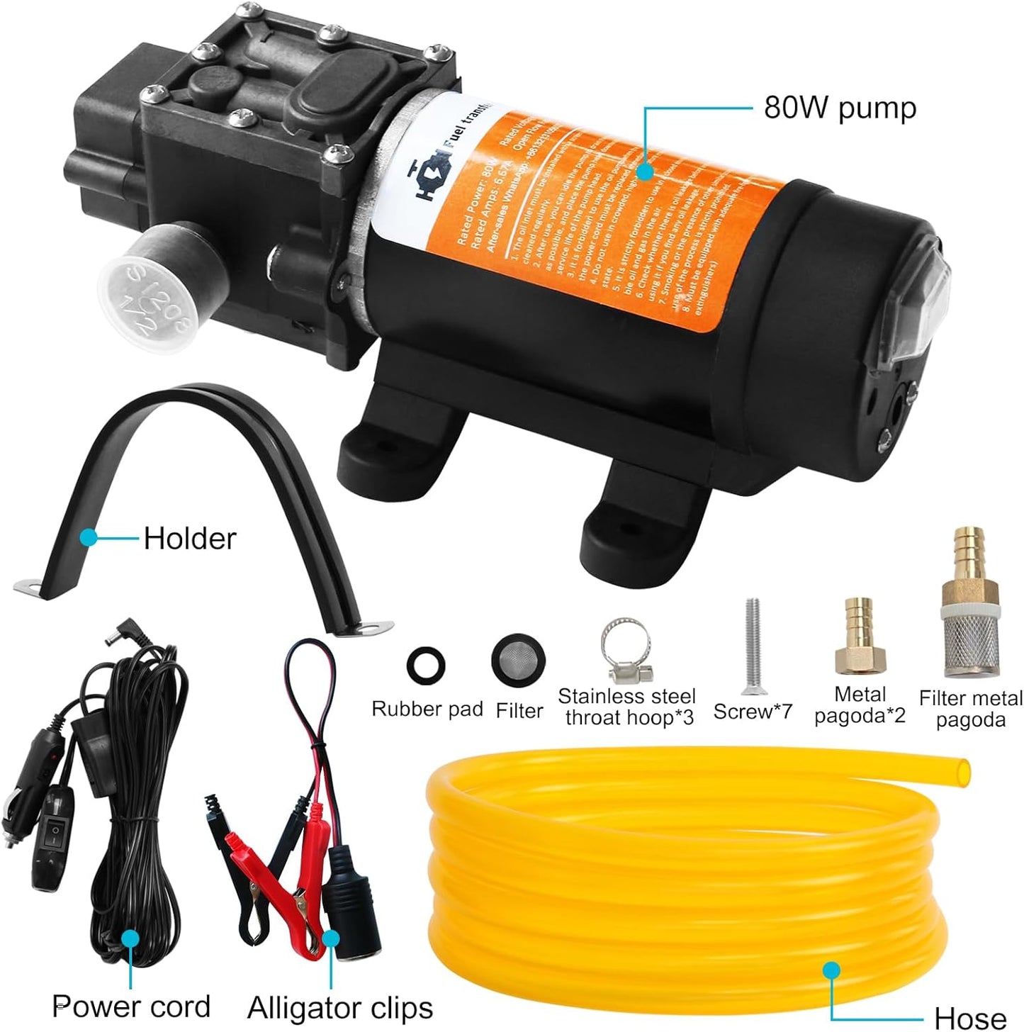 12V Fuel Transfer Pump Set, Moves Up to 120 Gallons of Gas or Diesel Per Hour with 80W DC Motor, Suitable for Vehicles, Boats, Equipment, Gasoline, Diesel (Pump and Hose)