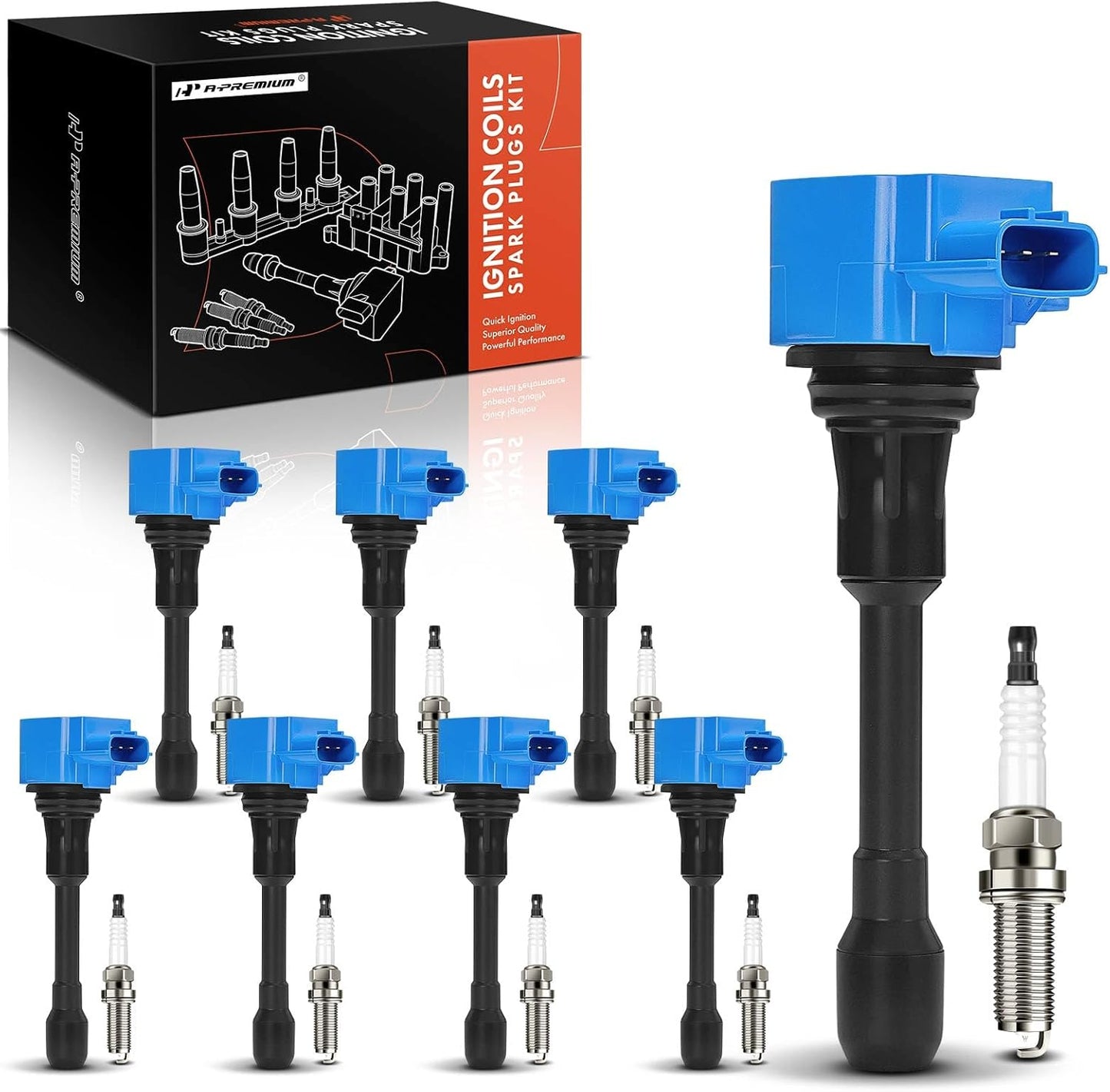 A-Premium (Blue) Set of 16 Ignition Coil Pack and Iridium Spark Plugs Compatible with Nissan Armada 2017-2020/2022 & Infiniti QX80 2011-2013, QX56 2014-2023, 5.6L