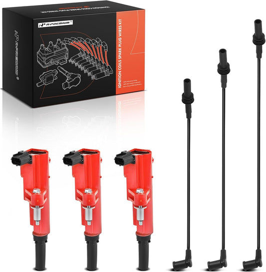 A-Premium 3 Red Ignition Coils with 3 Spark plug Wires Compatible with Dodge Durango, Nitro & Jeep Commander XK, Grand Cherokee WK, Liberty KK & Mitsubishi Raider & Ram Dakota, 1500, V6 3.7L 2009-2012