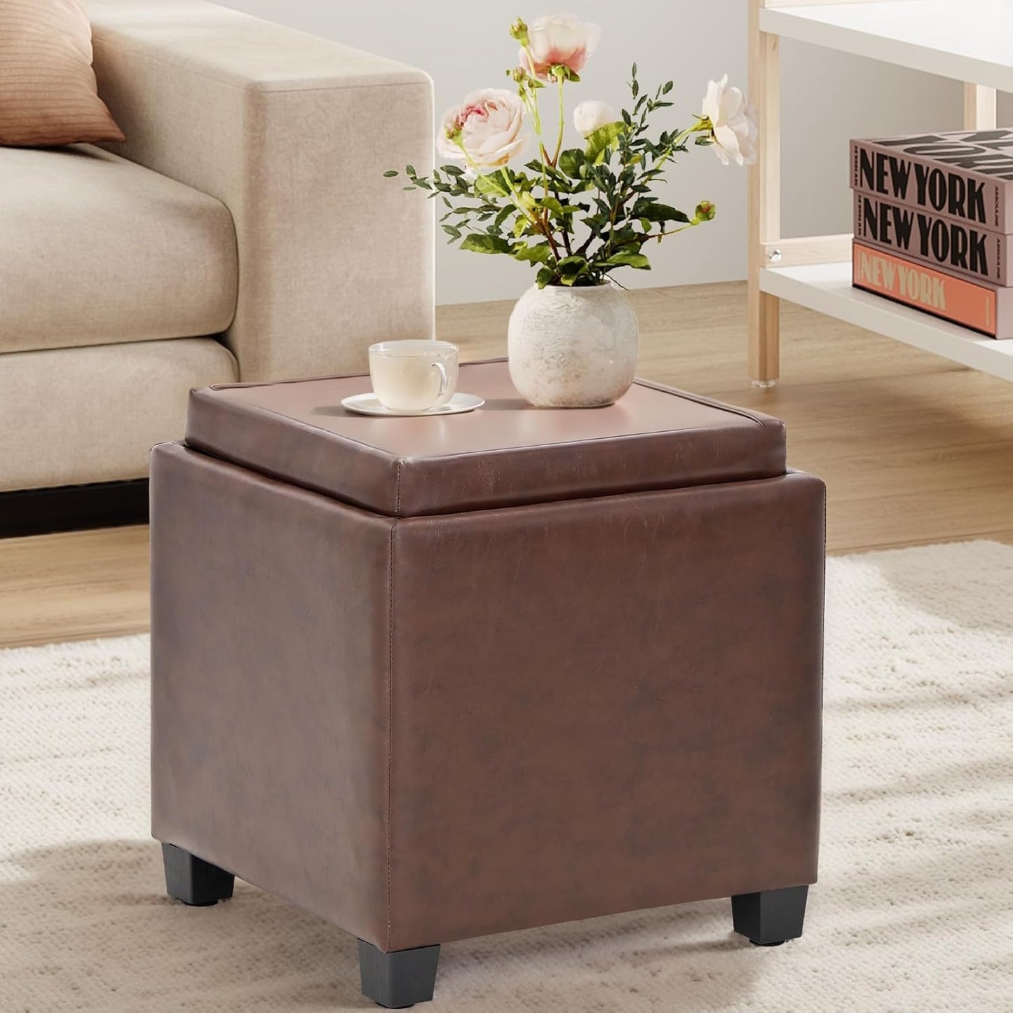 COLAMY Fabric Square Storage Ottoman with Reversible Tray Lid – Multi-Functional Footrest, Hidden Storage, Sturdy & Stylish Small Coffee Table for Living Room, Bedroom, or Entryway(Beige)