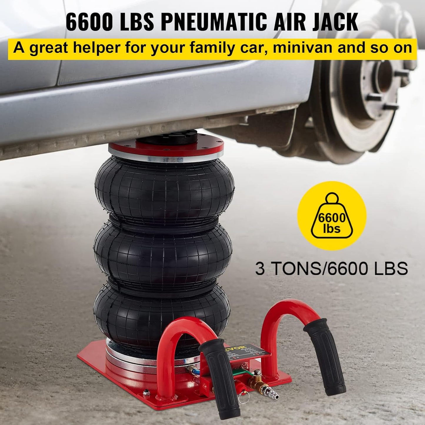 VEVOR Air Jack, 3 Ton/6600 lbs Triple Bag Air Jack, Air Bag Jack Lift Up to 15.75 Inch, 3-5S Fast Lifting Air Bag Jack for Cars with Short Handle (Red)