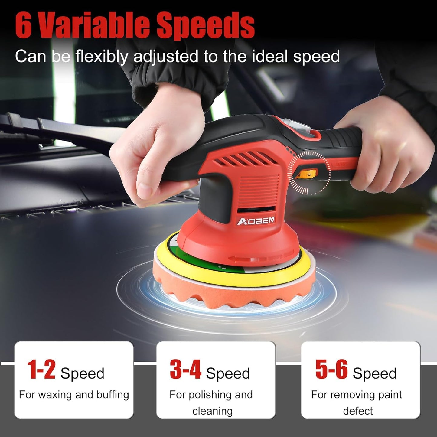 AOBEN Cordless Car Polisher,6 Inch Car buffer Waxer Kit with 3X2000mAh Batteries,6 Variable Speed &10 Polishing Pads,Brushless Cordless Polisher for Car Detailing/Waxing/Polishing/Scratch Removing