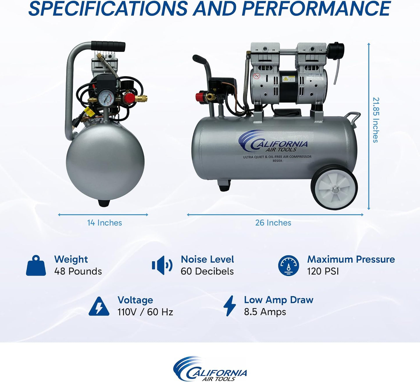 California Air Tools 8010 PK 1.0 HP Ultra Quiet and Oil-Free Air Compressor and LVLP Spray Painting Kit, 8 Gallon Steel Tank, Lightweight with Wheels, 60 dBA Noise Level