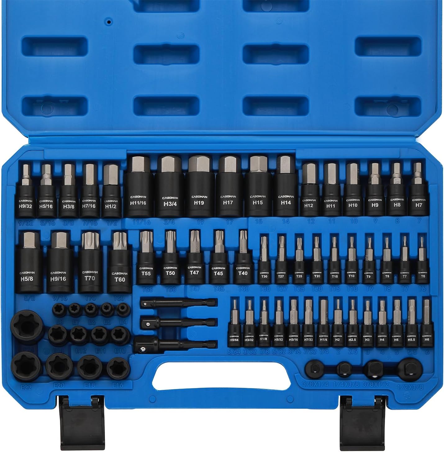 CASOMAN 71-Piece Master Hex & Torx Bit Socket Set, 1/4" & 3/8" & 1/2" Drive, Metric/SAE Hex Bit Sockets, Star Bit Sockets (T6 - T70), E-Torx Sockets (E4 - E24), with Storage Case