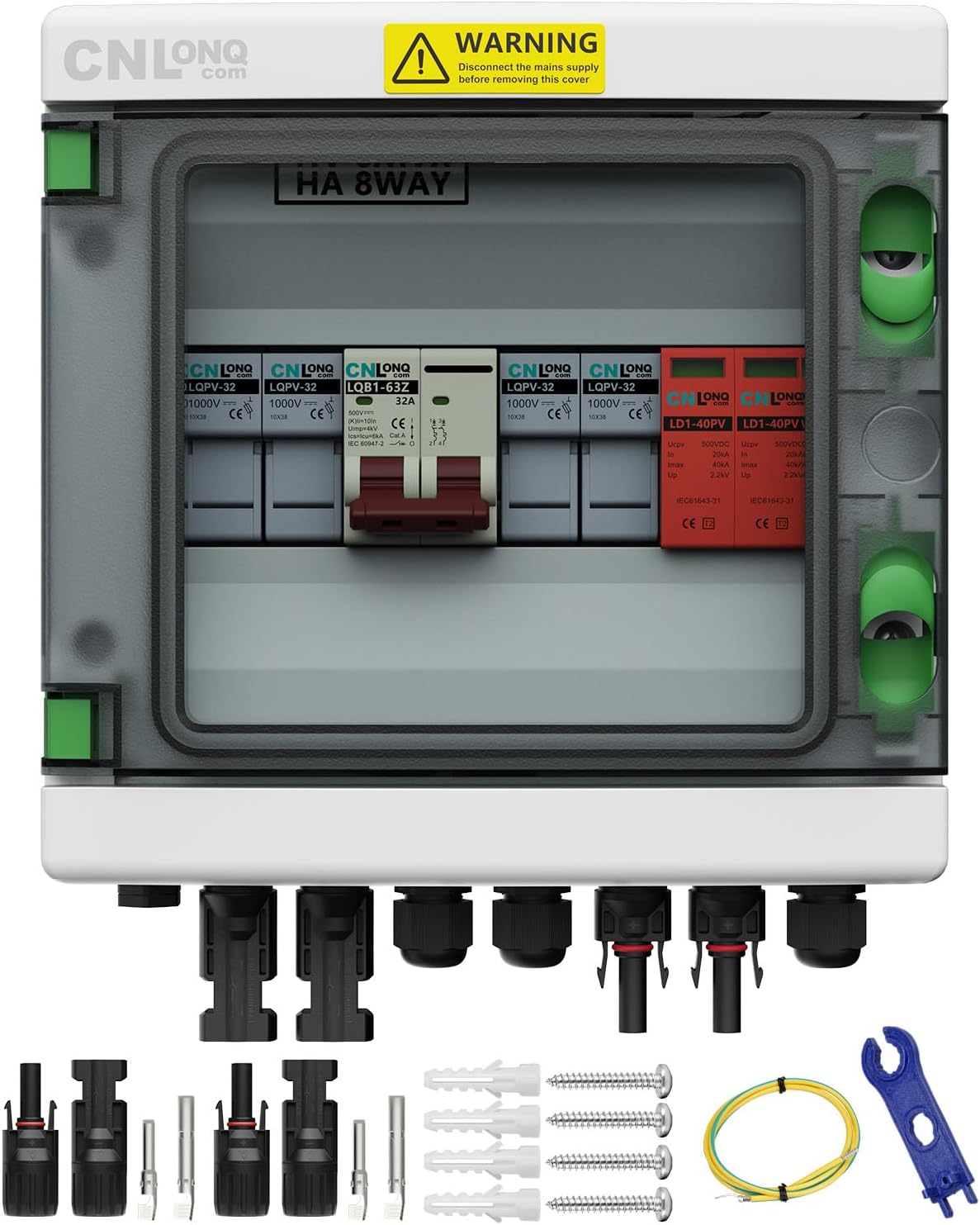 2 String Solar PV Combiner Box 2 in 2 Out IP65 DC500V 32A Circuit Breaker with Surge Protector and 15A PV Fuse,Solar Disconnect Switch Outdoor Waterproof for Solar Panels System