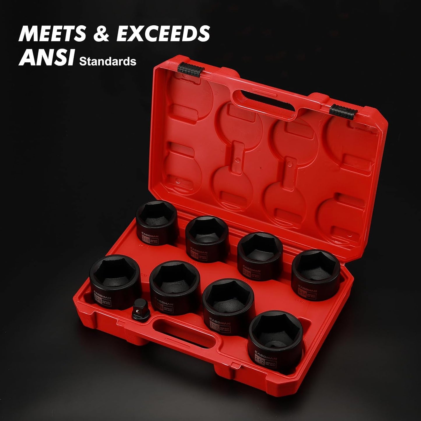 CASOMAN 9PCS 3/4" Drive Spindle Axle Nut Impact Socket Set, Include 1/2" to 3/4" Adapter, 6 Point, CR-MO, 2-1/16" to 2-1/2", Large Socket Set, Heavy Duty Use In Removing And Installing Axle Nuts