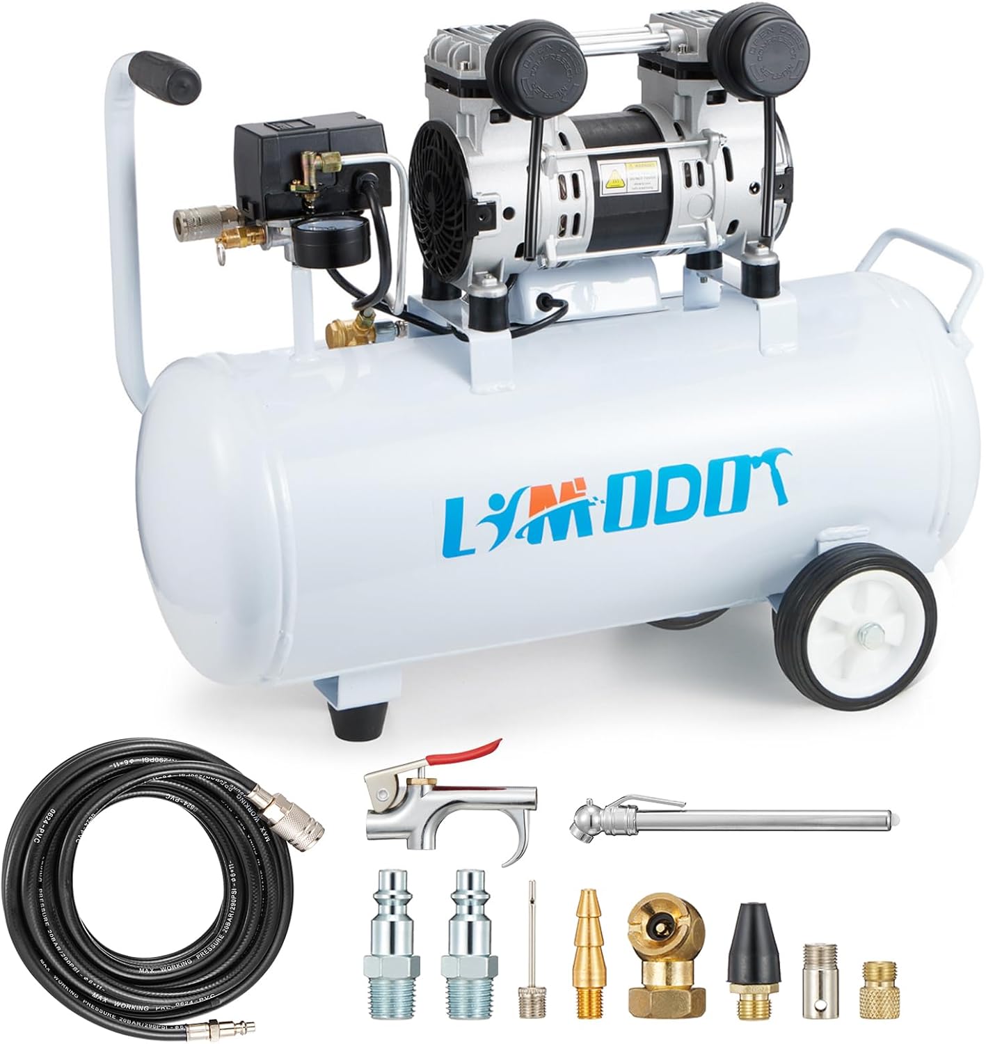 Ultra Quiet Air Compressor, Only 60dB, 1 Gallon Steel Tank, Oil-Free, Electric Air Compressor Perfect for Woodwork Nailing, Garage, Car, Pneumatic Tool, Includes 25 Ft. Air Hose Kit