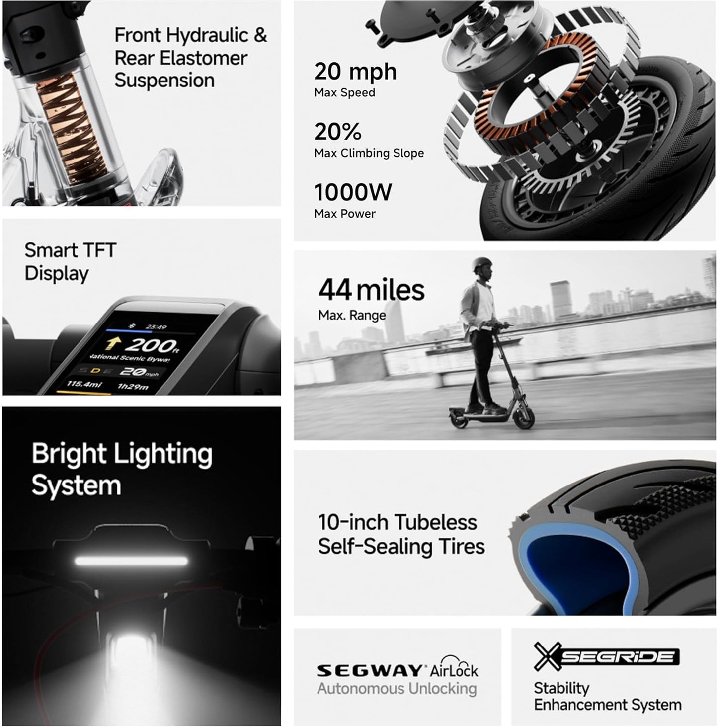 Segway Ninebot F3 Electric Scooter, Up to 20 MPH, 44-Mile Range, Self-Sealing Tubeless Tires, Front Hydraulic & Rear Elastomer Suspension, UL2271 2272 Certified