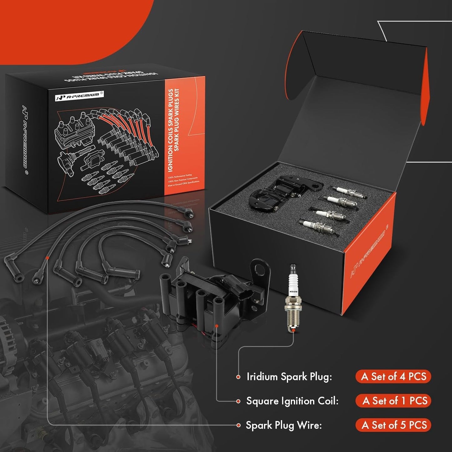 A-Premium 1 Ignition Coils with 5 Wire and 4 Iridium Spark Plugs Compatible with Hyundai Accent 1995 1996 1997 1998 1999 1.5L