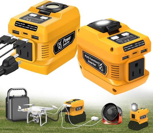 220W Power Inverter for Dewalt 20V Battery, DC 20V to AC 110V Portable Power Station Generator with 1 AC Outlet, 2 USB Ports & 1 Type-C Fast Charging, 400LM LED Work Light (2-Pack)