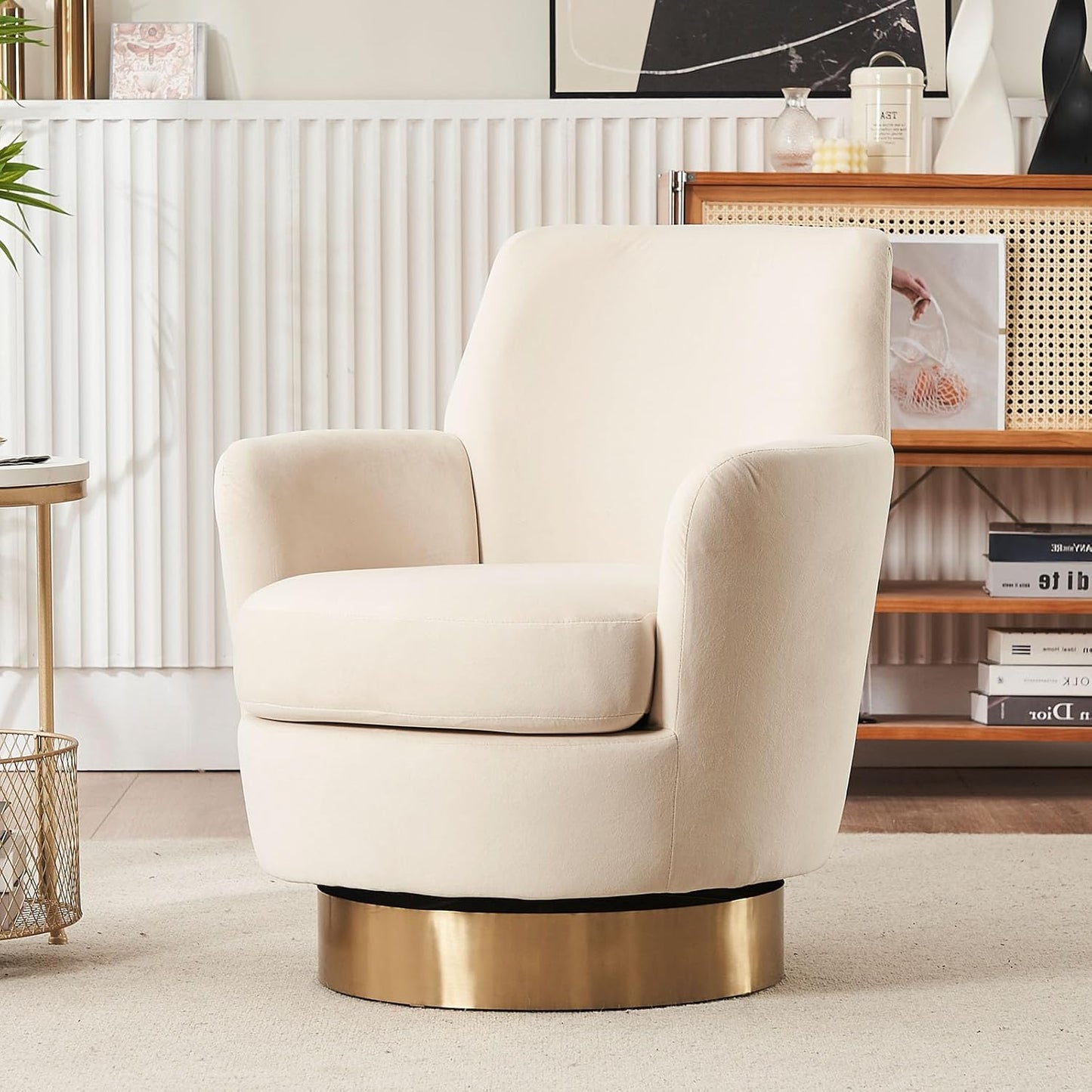 360° Swivel Barrel Chair Set of 2, 28.3" W Comfy Velvet Swivel Accent Chairs, Modern Round Single Accent Chair with Gold Metal Base for Living Room, Bedroom, Office (Beige*2)
