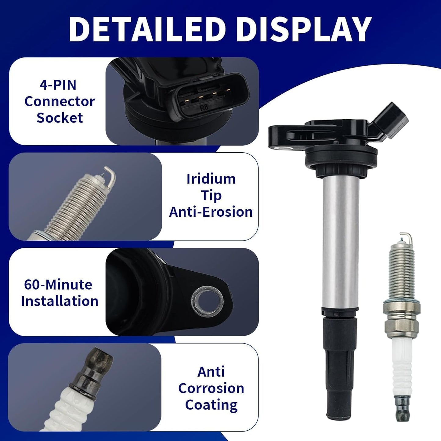 Set of 4 Ignition Coil Pack & Double Iridium Spark Plugs for Toyota Corolla 2009-2017/Lexus CT200h 1.8L, Replaces UF596 & 90919-02258, Fix Misfire & Check Engine Light