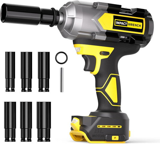 1200N.m Impact Wrench for DeWalt 20V Battery (no battery), 20V 1/2” Cordless Impact Gun, 900Ft-lbs Electric Impact Driver with 3-Speed Control, 6 Pcs Impact Sockets Included, Tool Only