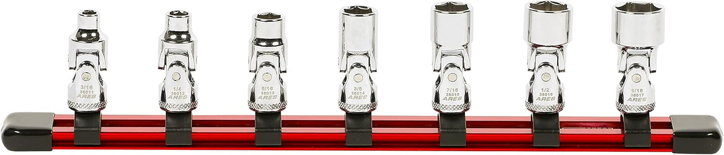 ARES 39009-12-Piece 1/4-Inch Drive Metric Flex Socket Set - 6 Point Sockets Constructed From Premium Heat Treated Chrome Vanadium Steel - Storage Rail Included