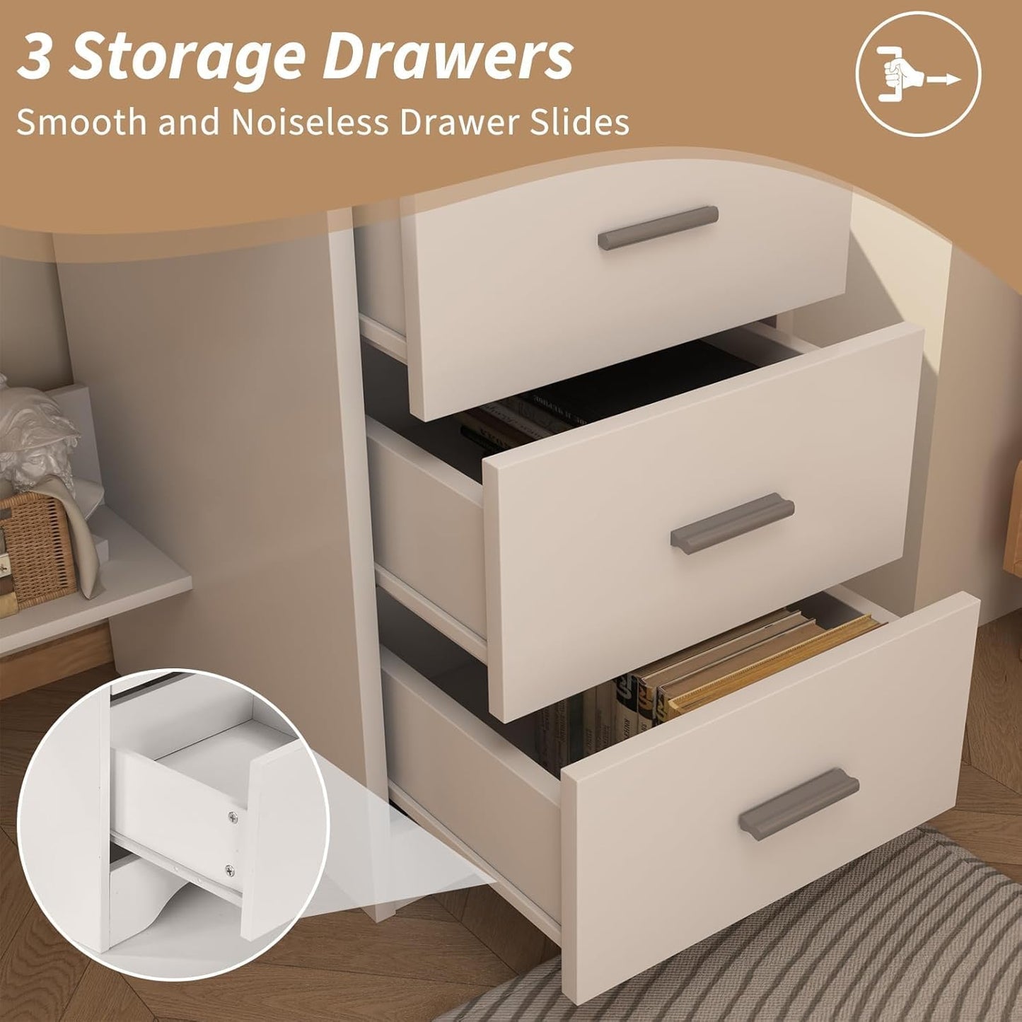 White Desk with 3 Drawers, 47 Inch Computer Desk with Drawers for Bedroom, Small Home Office Desk with File Cabinet, Bottom Shelves for Small Spaces