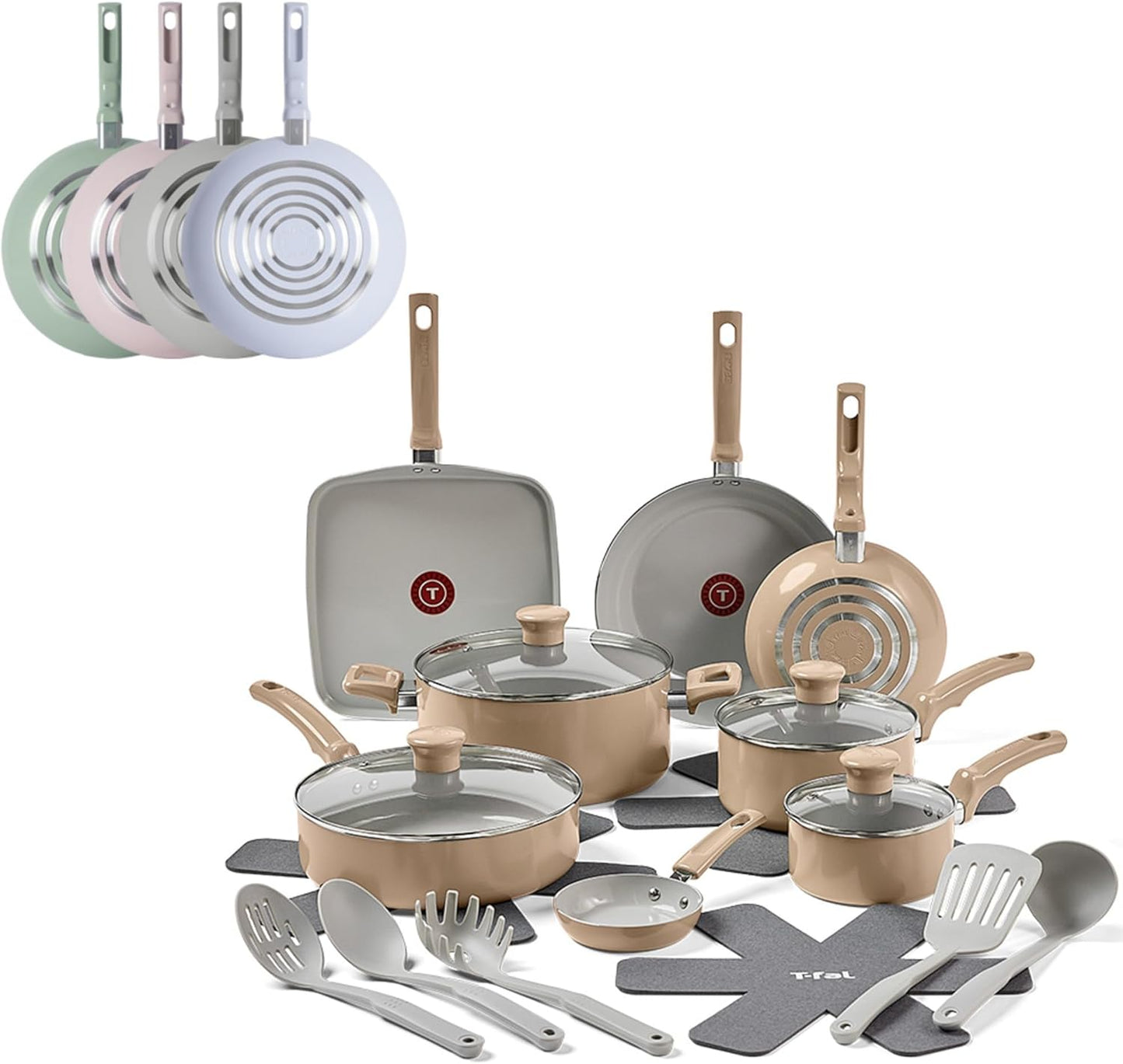 T-Fal Refresh Ceramic Nonstick Cookware Set, 12-Piece Ceramic Pots and Pans Set, Includes Stockpot, Griddle, Frying Pans, Utensils, Moon Grey
