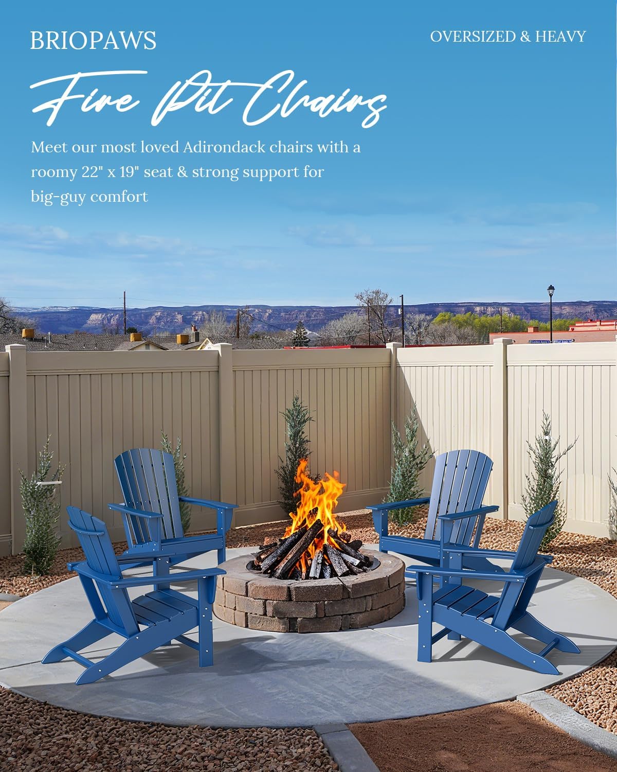 BRIOPAWS Adirondack-Chairs-Set of 4 | Fire Pit Chair | Oversized | HDPE Plastic | Weather Resistant | for Deck Outdoor Poolside Campfire | Blue